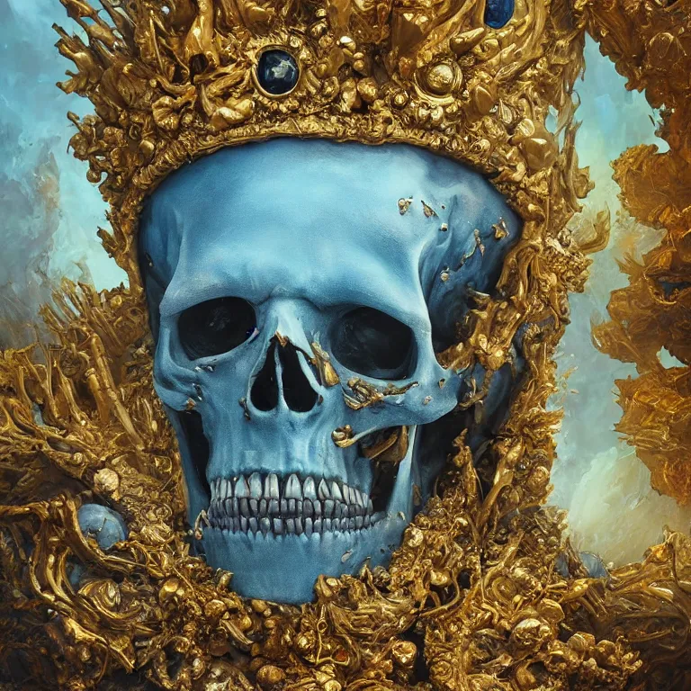 Image similar to A beautiful oil painting hyperrealism of a rotting zombie king, gold throne , grey beard, blue veins, skull bones flowers, 8k resolution, octane render, Trending on artstation, by Gediminas Pranckevicius, volumetric light 2blue fractal Thunder glow by dan mumford, anaglyph effect, Laurie Lipton