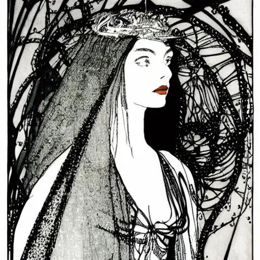 Prompt: illustration or margot robbie in black and white by harry clarke