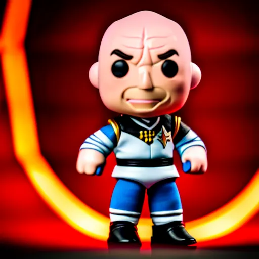 Image similar to lightbox photograph of Funko Pop doll of Captain Picard , with studio lighting, some background blur, full length shot, canon 85mm, f3.5