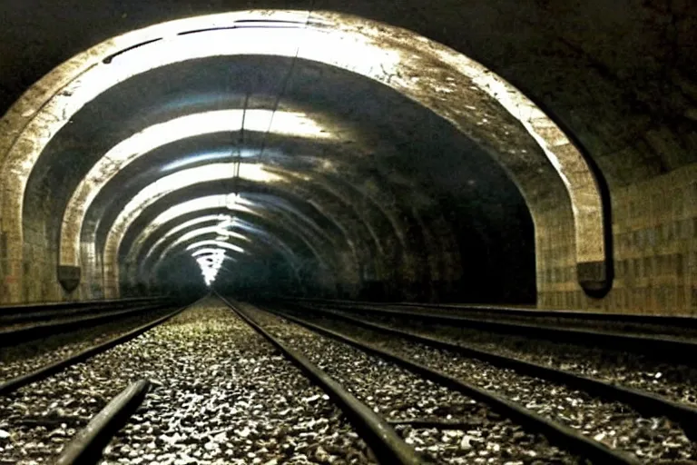 Image similar to very large giant mutant zombie irradiated ( angry rat ) staying on railways in tonnel of moscow subway. tonnel, railways, giant angry rat, very realistic. extreme long shot, low dark light, anish kapoor, herman nitsch, giger.