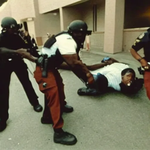 Prompt: photo of 2 pac arresting 2 pac, there is an officer that looks like 2 pac arresting that 2 pac. 2 pac can be seen in the background overlooking the situation.