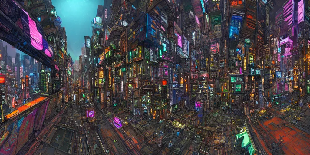 Prompt: streetview equirectangular 360 photo of cyberpunk metropolis, colorful, by Andy Thomas, Mario Martinez, Daniel Mirante, Gustave Dore, Artstation, CGsociety, masterpiece