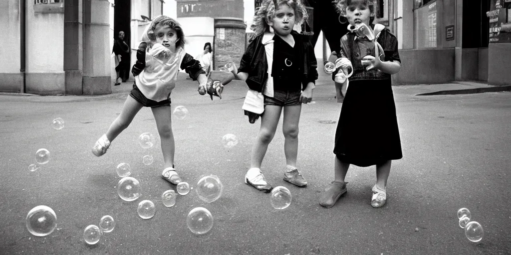 Image similar to street, 2 tomboys blow gum bubbles, 1 9 8 0 s film photography, exposed b & w photography, christopher morris photography, bruce davidson photography, peter marlow photography