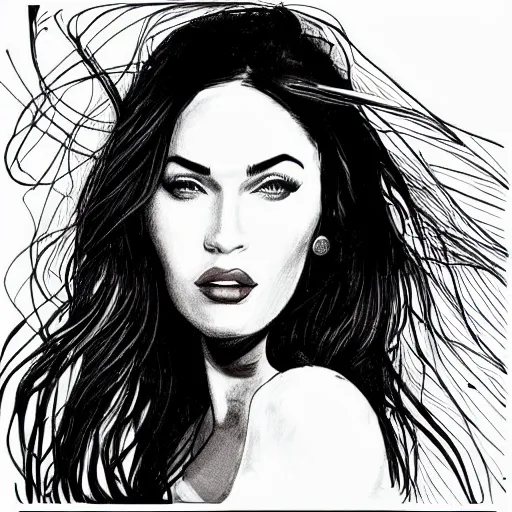 Image similar to “Megan Fox, portrait!!! Portrait based on doodles, scribbled lines, sketch by Liz Y Ahmet, monochrome, concept Art, millions lines, white background, ultra detailed portrait, 4k resolution”