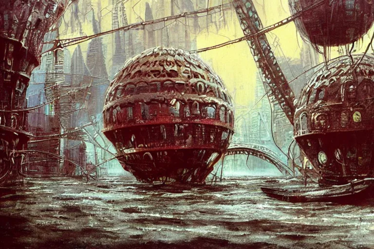 Image similar to river boats speeding between spherical tree houses on flooded streets of new york painting by h. r. giger and paul lehr