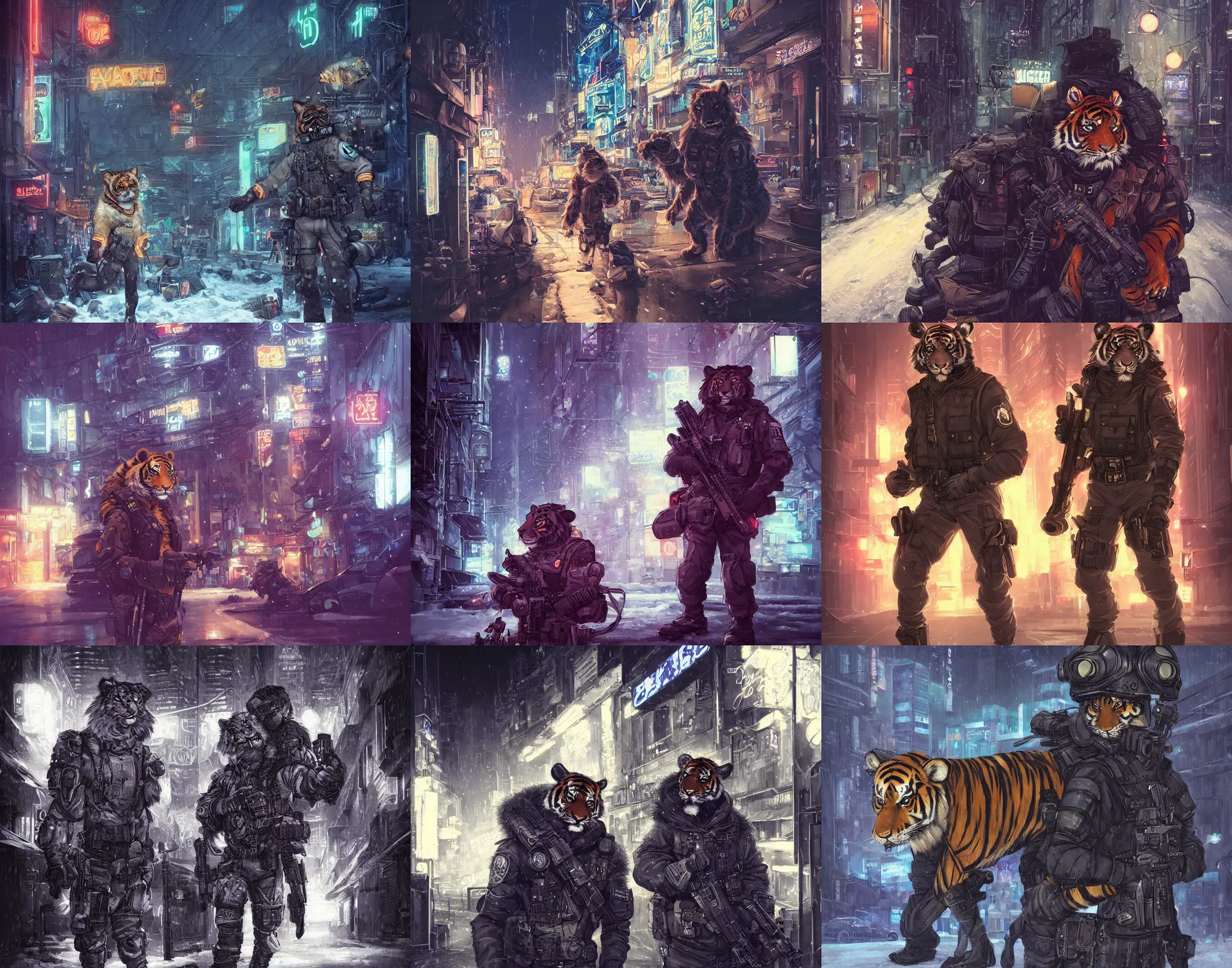 Prompt: beautiful furry art portrait commission of a male furry anthro tiger fursona wearing a tactical swat uniform in the streets of a cyberpunk city at night in the snow. neon signs. character design by charlie bowater, ross tran, artgerm, and makoto shinkai, detailed, inked, western comic book art