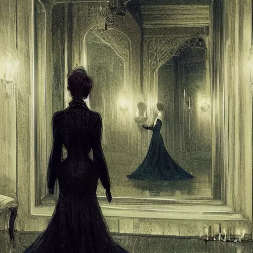 Image similar to a beautiful victorian woman is frightened by her doppleganger in a mirror. she is in a long hallway of mirrors. elegant design, haunting atmosphere, dimly lit, gothic, horror style, by greg rutkowski, realistic, low angle, 3 / 4 view.