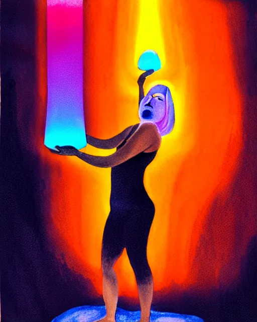 Prompt: bemused to be momentarily sacrificed by a flesh-eating blob creature, hands restrained above her head, a young woman with medium length bright blonde hair and slender figure in a black silk tank top and navy blue gym shorts in complete focus, looking upwards in a room of lava lamps, complex artistic color ink pen sketch illustration, professional composition, subtle detailing, gentle shadowing, fully immersive reflections in her eyes, concept art by Artgerm and Range Murata in collaboration.