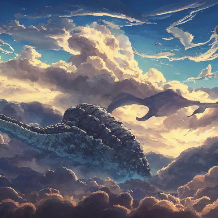 Prompt: giant leviathan flying over the mountains, clouds and sky, inspired by Nausicaa of the Valley of the Wind, Studio Ghibli, Hayao Miyazaki, 8k, 4k, UHD, HDR, photorealistic, 3D, digital painting, matte painting, environment design, by Victor Nava, Artstation