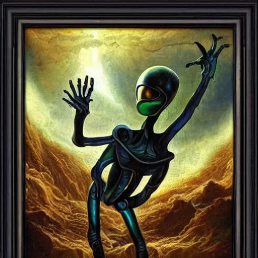 Prompt: an alien reaching through a framed painting, pulp sci - fi art. baroque period, oil on canvas. renaissance masterpiece