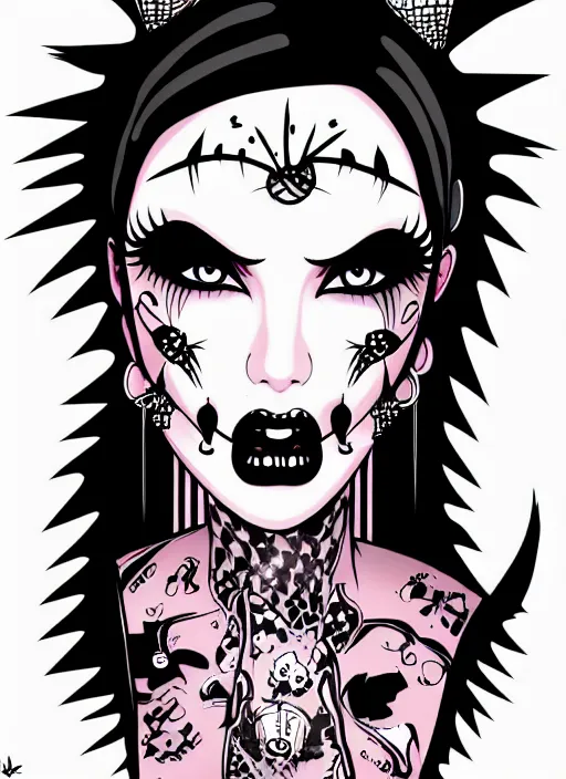 Prompt: goth girl burlesque psychobilly punk, detailed face, black background, drawing, illustration