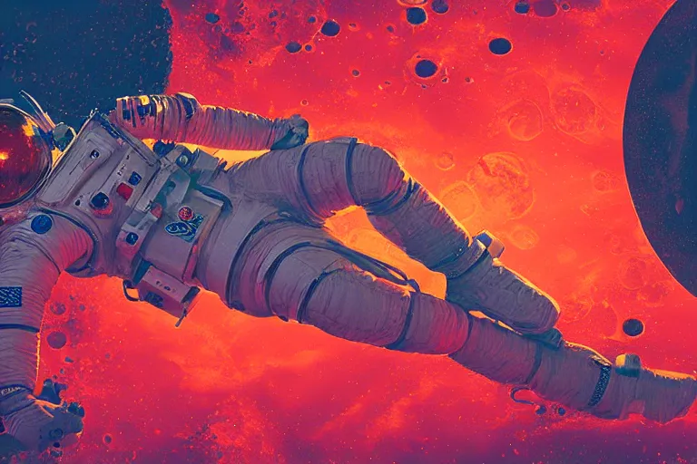 Image similar to an astronaut laying on mars in the style of flooko, acrylic art, detailed, moonlight, red lighting, bokeh, synthwave, psychedelic, glitch, neon,