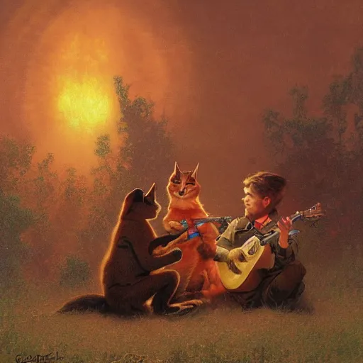 Image similar to three cute caracals wearing red ties with guitar, campfire, night, atmospheric lighting, intricate, volumetric lighting, digital art, highly detailed by gaston bussiere, craig mullins, j. c. leyendecker 8 k