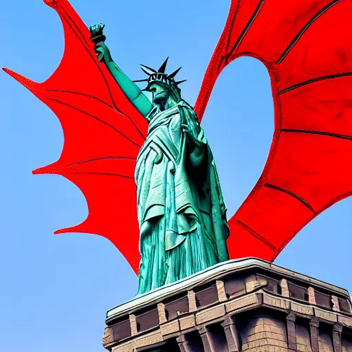 Prompt: Lady Liberty riding on the back of a red dragon