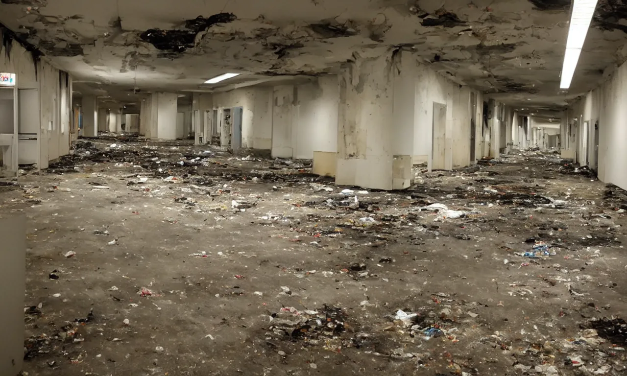 Image similar to backrooms abandoned mall, moldy walls and smoldering garbage