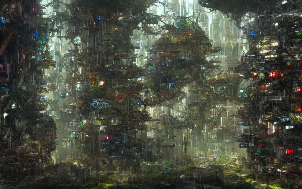 Image similar to a forest where gears and electronic parts grow on the trees tops, cyberpunk landscape wallpaper, d&d art, fantasy, painted, 4k, high detail, sharp focus