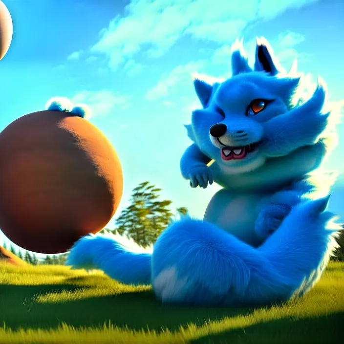 Image similar to a rotund and spherical anthropomorphic male blue dragon fursona being rolled up a hill by an anthropomorphic male husky, furry, round, sphere, 3 d render, unreal engine 5, octane render, soft colors, vivid, cute, 1 6 k