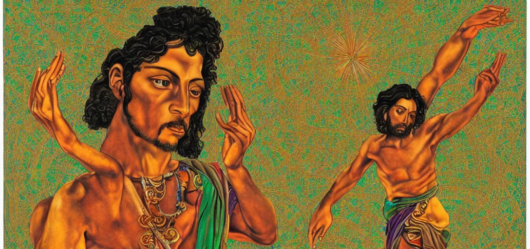 Image similar to an abstract spiritual background, portrait of a multiracial greek god dancing ecstatically, green eyes. 2 4 mm, photorealistic, muted color scheme, directed by mati klarwein and mat collishaw