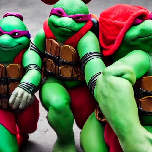 Prompt: teenage mutant ninja turtles hugging each other