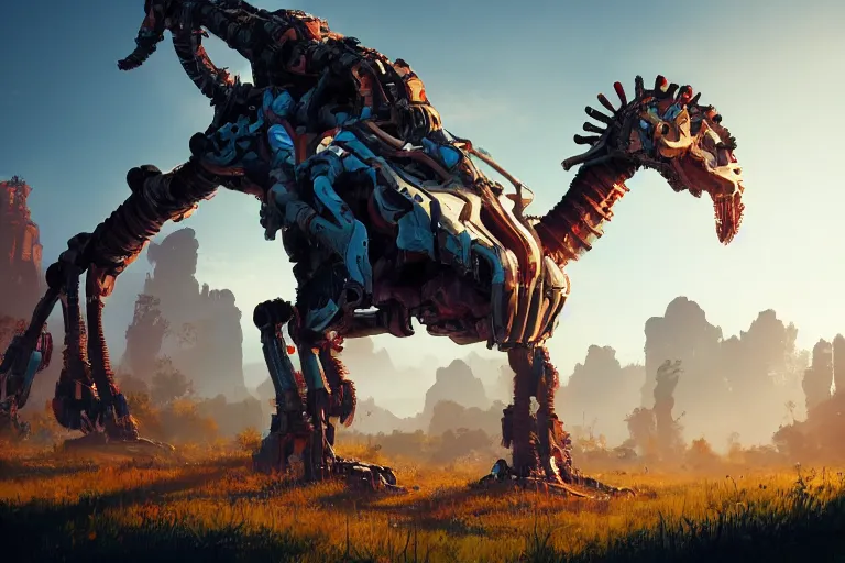 Image similar to tallneck machine creature robot of horizon forbidden west horizon zero dawn radiating a glowing aura global illumination ray tracing hdr fanart arstation by ian pesty and alena aenami artworks in 4 k