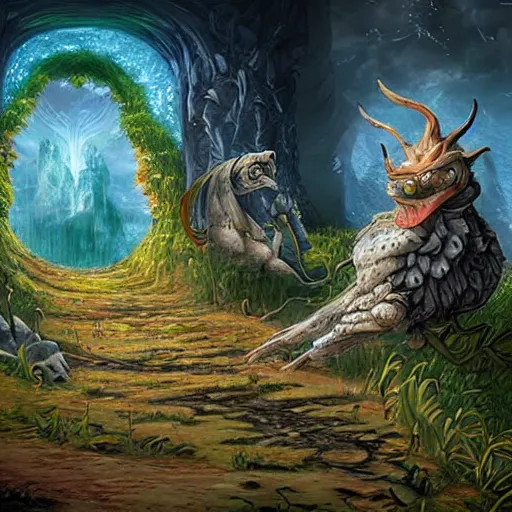 Image similar to a never - ending fantasy art, depicting scenes and creatures from otherworldly realms.