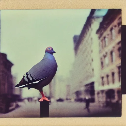 Prompt: wide-shot very low-angle eyesight photo of a pigeon in a hat at the street in New York, polaroid photo, by Andy Warhol, signed