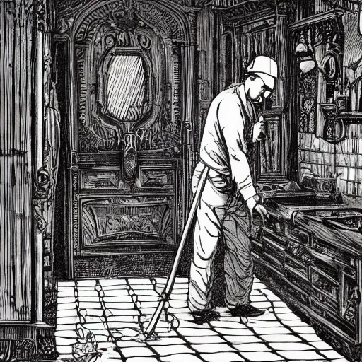 Image similar to man mopping the floor, very beautiful ink illustration, masterpiece, intricate detail, ornate , elaborate