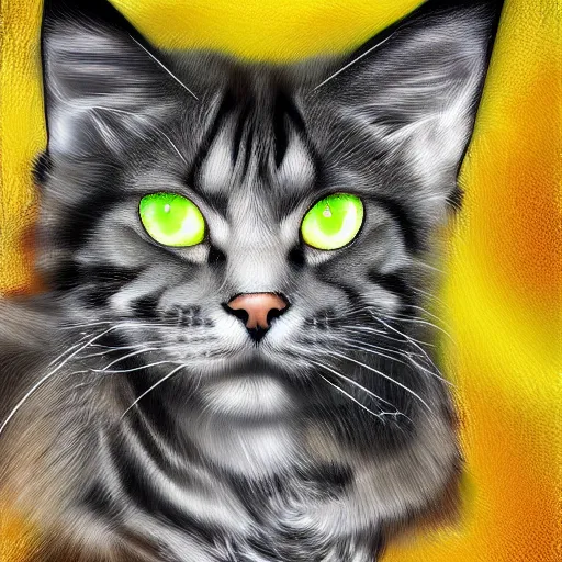 Prompt: galaxy shaped like a maine coon cat with yellow eyes, digital art