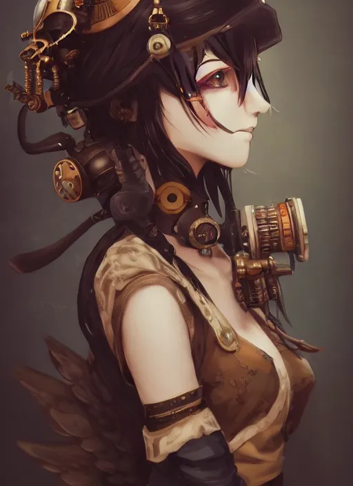 Image similar to steampunk themed anime girl with a steampunk robotic crow on her shoulder, finely detailed, portrait, beautiful, cinematic lighting, made by wlop, artgerm, illustration