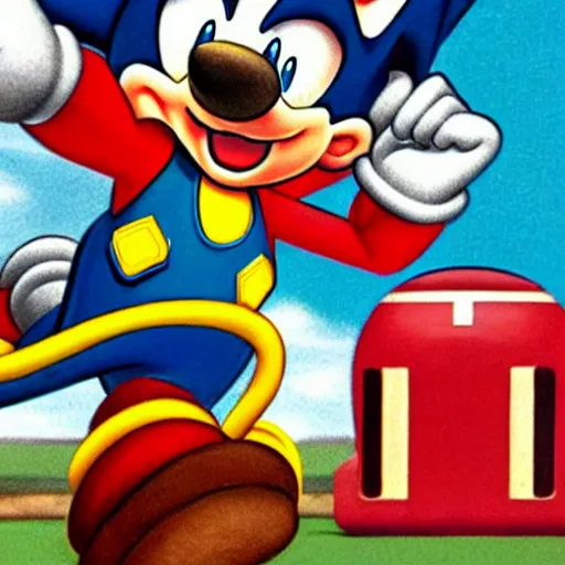 Image similar to 1940s disney film about super mario and sonic the hedgehog