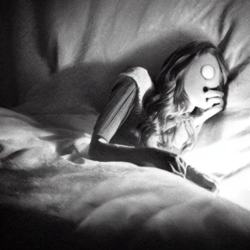 Image similar to movie still of a girl having sleep paralysis, cinematic composition, cinematic light, criterion collection, by edgar wright and edgar allan poe