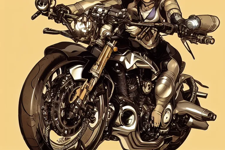 Image similar to comic book illustration, yamaha vmax motorcycle, cyberpunk concept art by artgerm and Alphonse Mucha and Moebius, highly detailed, intricate, sci-fi, sharp focus, Trending on Artstation HQ, deviantart