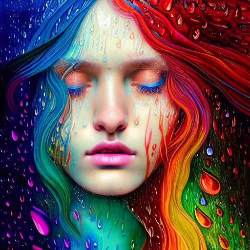 Image similar to portrait of girl in uniquely colored psychedelic rain with wet hair and face, water drops, epiphany, bliss, fantasy, intricate, elegant, dramatic lighting, highly detailed, lifelike, photorealistic, digital painting, artstation, concept art, smooth, sharp focus, illustration, art by John Collier and Albert Aublet and Krenz Cushart and Artem Demura and Alphonse Mucha