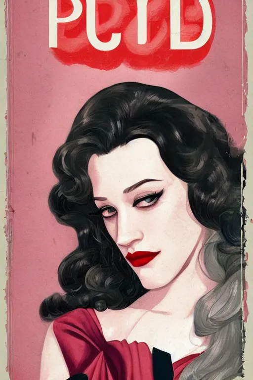 Prompt: A Pulp Noir book cover featuring a portrait of featuring Kat Dennings looking at camera, medium close up, by Ross Tran