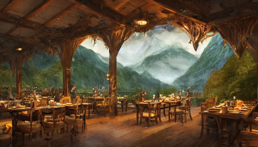 Image similar to rivendell with mcdonald's restaurant built in the mountains with waterfalls and forest at the foot of green gigantic mountains at sunset, fireplace, hyperdetailed, artstation, cgsociety, 8 k