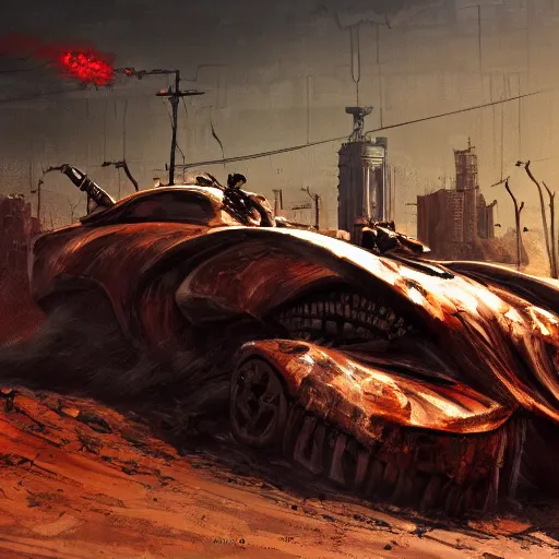 Image similar to Death of capitalism , styleframe, concept art, artstation, madmax, brush texture, painted with oil