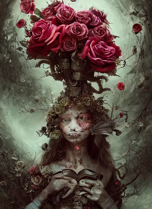 Image similar to Alice in Wonderland,roses,bullets,highly detailed,cinematic,8k,by Stanley Artgermm,Tom Bagshaw,Greg Rutkowski,Carne Griffiths, Ayami Kojima, Beksinski, Giger,trending on DeviantArt,hyper detailed,horror, full of colour