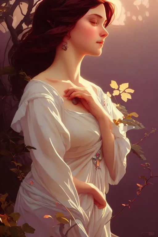 Image similar to a beautiful maiden, fantasy, portrait, sharp focus, intricate, elegant, digital painting, artstation, matte, highly detailed, concept art, illustration, ambient lighting, art by ilya kuvshinov, artgerm, Alphonse mucha, and Greg Rutkowski