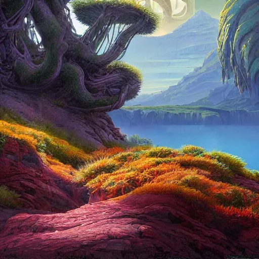 Prompt: digital painting of a lush natural scene on an alien planet by gerald brom. ultra sharp high quality digital render. detailed. beautiful landscape. colourful weird vegetation. cliffs and water.