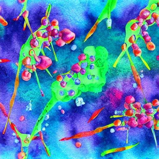 Prompt: antibodies and viruses floating through the air. watercolor. realistic. cool tones. vibrant. close - up
