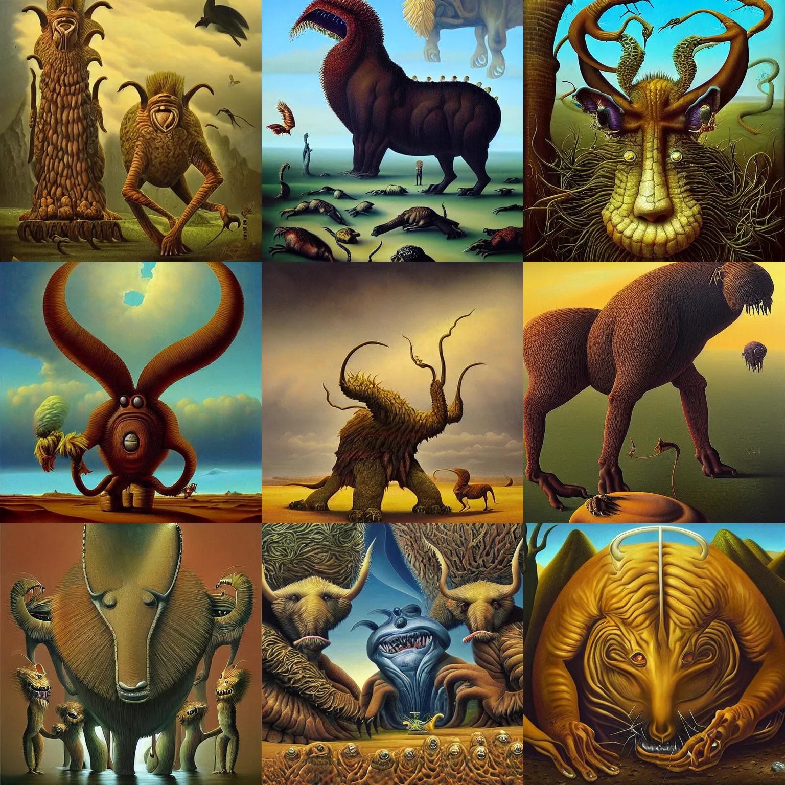 Prompt: A surreal painting of a monster made out of many different animals , Vladimir Kush