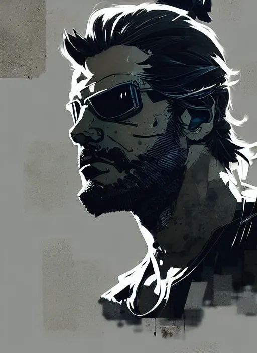 Image similar to highly detailed closeup of a moody solid snake mgs with codec by atey ghailan, by greg rutkowski, by greg tocchini, by james gilleard, by joe fenton, by kaethe butcher, by yoji shinkawa, gradient blue, black, brown and white color scheme muted tones, grunge aesthetic!!! white graffiti tag wall background