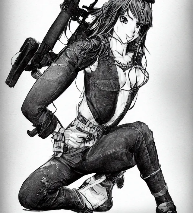 Image similar to full body pose, hd, manga anime portrait of a fairy girl in combat boots and overalls, in ishikawa ken frank miller jim lee alex ross style detailed trending award winning on flickr artstation,