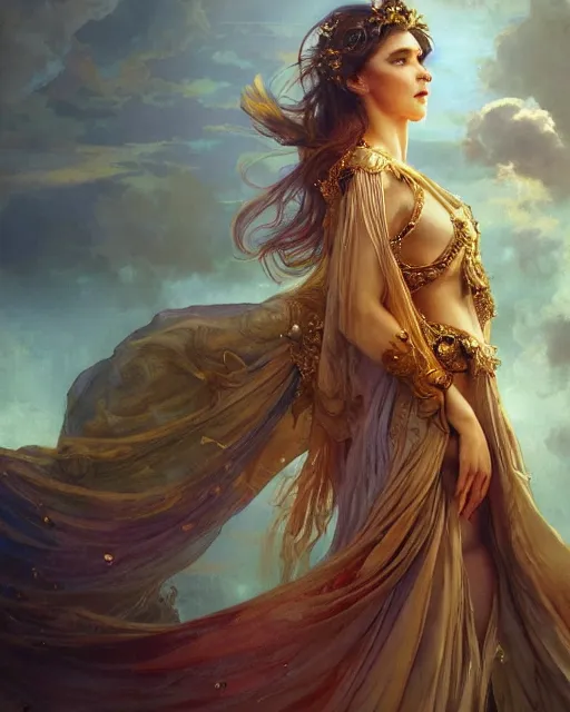 Prompt: a beautiful close up portrait of a sorceress floating on air with elegant looks, flowing robe, ornate and flowing, intricate and soft by ruan jia, tom bagshaw, alphonse mucha, wlop, beautiful roman architectural ruins in the background, epic sky, vray render, artstation, deviantart, pinterest, 5 0 0 px models