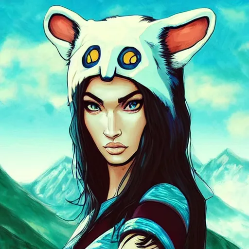 Image similar to “Megan Fox, portrait!!! Mononoke-hime style, cartoon, blue sky with white clouds green hills and mountains on the background, fantasy, photorealistic, concept Art, ultra detailed portrait, 4k resolution”