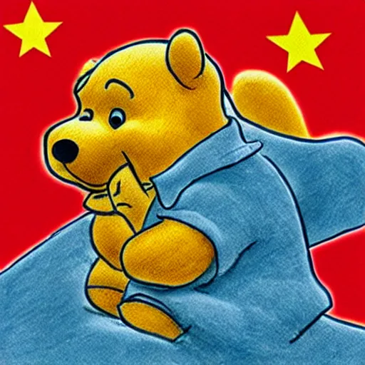 Image similar to xi jing ping with the body of winnie the pooh, satire, drawing, propaganda, chinese flag, evil grin