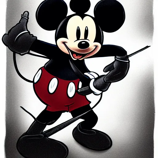Prompt: a beautiful illustration of mickey mouse as an assassin in black cloth armor in victorian london, by rutkowski, featured on artstation