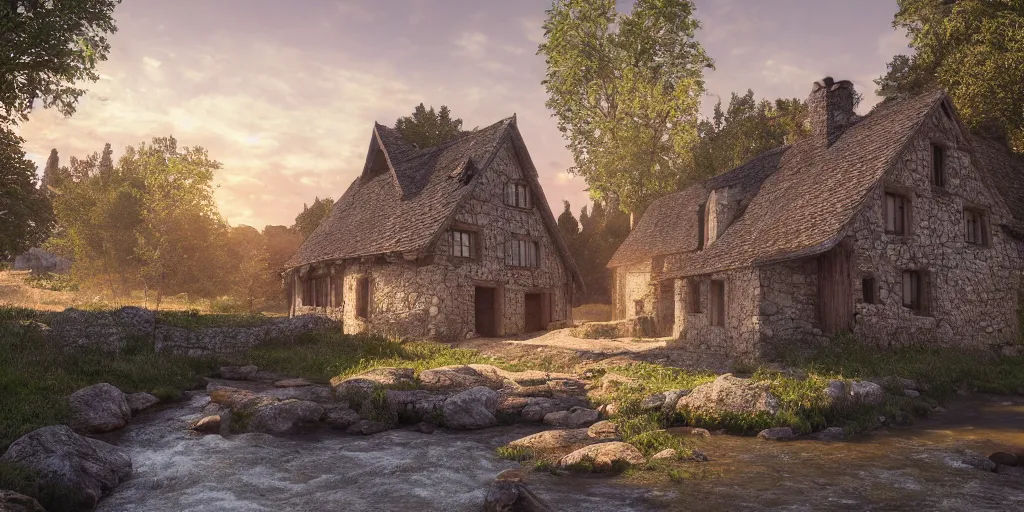 Prompt: a small medieval house near a river in the middle of two mountains at sunrise, concept art, hyperrealistic, trending on artstation, high quality, highly detailed, breathtaking landscape, path traced, clouds, soft lighting, soft colors, digital art, serene landscape, 8 k hdr, octane render, unreal engine 5