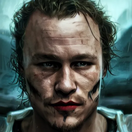 Image similar to heath ledger portrait, dystopia core, apocalyptic, armor, warrior, dramatic, sharp focus, fiction, neon, fantasy, hyper detailed, digital art, trending in artstation, cinematic lighting, studio quality, smooth render, unreal engine 5 rendered, octane rendered, art style and nixeu and wlop and krenz cushart