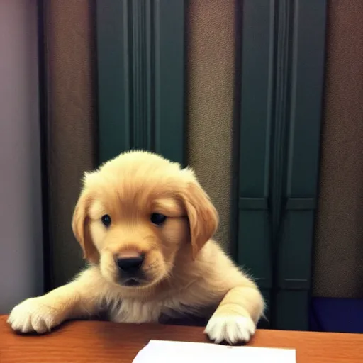 Prompt: golden retriever puppy working in an office, in the style of the office, dwight schrute, tv sitcom camera style,